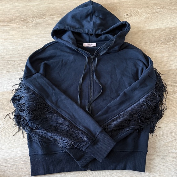 TWINSET Milano Black Fringe Oversized Zip Up Hoodie - Picture 10 of 10